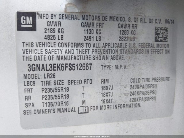 Продаж на аукціоні авто 2015 Chevrolet Captiva Sport Lt, vin: 3GNAL3EK6FS512667, номер лоту: 45248855