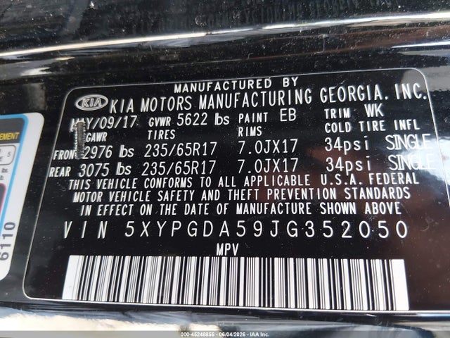 Aukcja sprzedaży 2018 Kia Sorento 3.3l Lx, vin: 5XYPGDA59JG352050, numer aukcji: 45248856