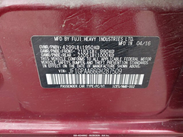 Продажа на аукционе авто 2016 Subaru Impreza 2.0i, vin: JF1GPAA66GH287509, номер лота: 45248862