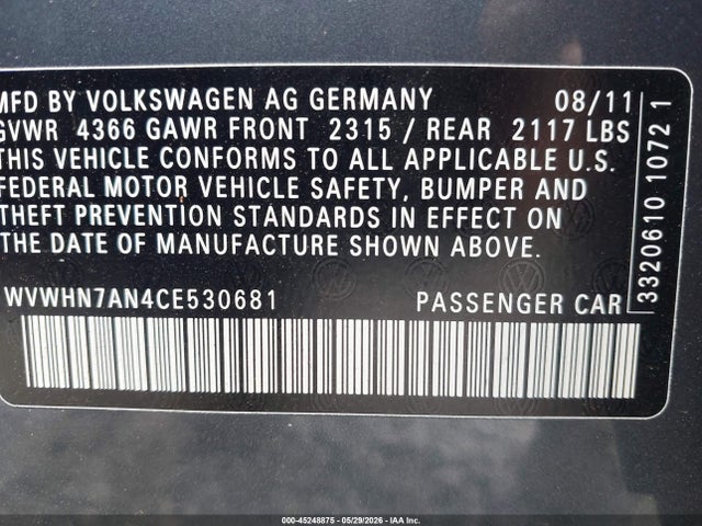 Aukcja sprzedaży 2012 Volkswagen Cc Lux Plus, vin: WVWHN7AN4CE530681, numer aukcji: 45248875