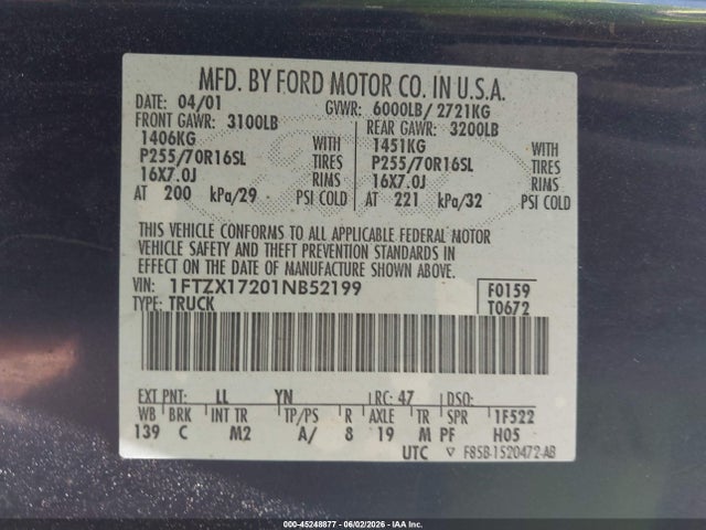 45248877 :رقم المزاد ، 1FTZX17201NB52199 vin ، 2001 Ford F-150 Xl/xlt مزاد بيع
