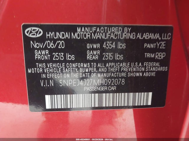 Aukcja sprzedaży 2021 Hyundai Sonata Sel Plus, vin: 5NPEJ4J27MH092078, numer aukcji: 45248881