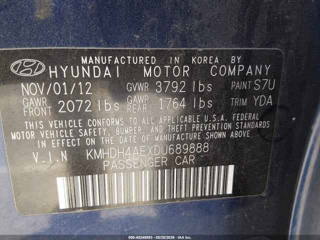45248893 :رقم المزاد ، KMHDH4AEXDU689888 vin ، 2013 Hyundai Elantra Limited مزاد بيع
