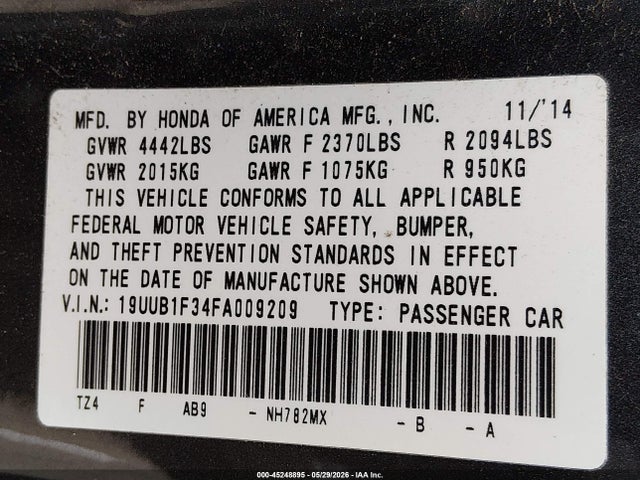 45248895 :رقم المزاد ، 19UUB1F34FA009209 vin ، 2015 Acura Tlx مزاد بيع