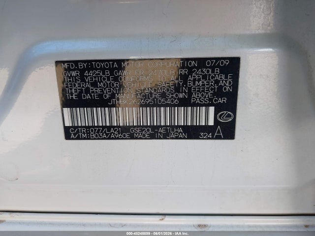 45248899 :رقم المزاد ، JTHBK262695105406 vin ، 2009 Lexus Is 250 مزاد بيع
