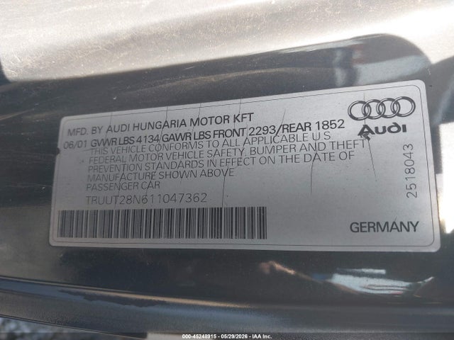 2001 Audi Tt მანქანა იყიდება აუქციონზე, vin: TRUUT28N611047362, აუქციონის ნომერი: 45248915