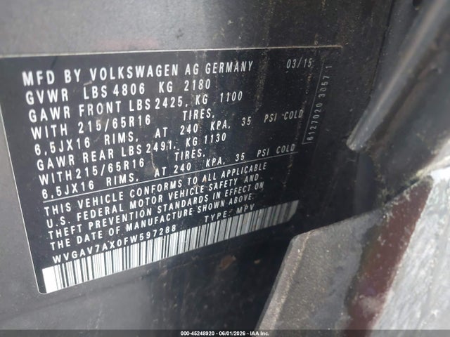 WVGAV7AX0FW597288 Volkswagen TIGUAN S