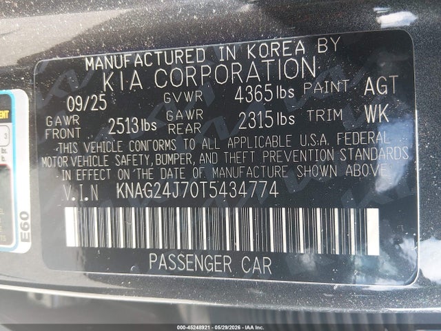 Продаж на аукціоні авто 2026 Kia K5 Lxs Fwd, vin: KNAG24J70T5434774, номер лоту: 45248921
