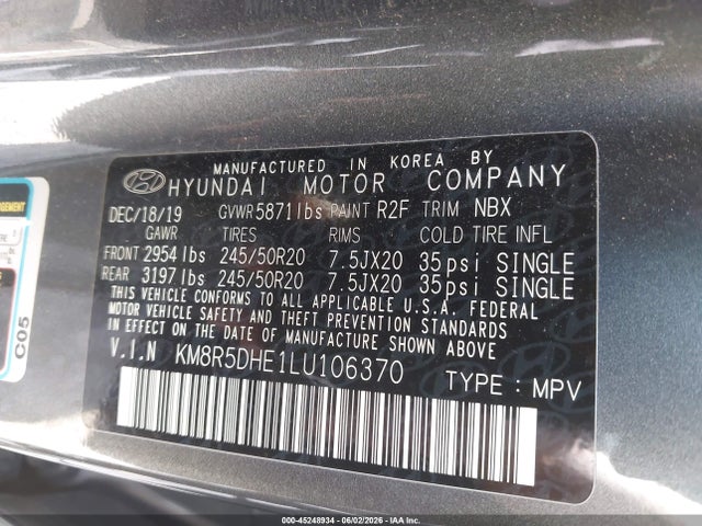 Aukcja sprzedaży 2020 Hyundai Palisade Limited, vin: KM8R5DHE1LU106370, numer aukcji: 45248934