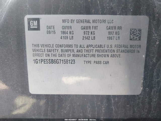 45248937 :رقم المزاد ، 1G1PE5SB6G7158123 vin ، 2016 Chevrolet Cruze Limited 1lt Auto مزاد بيع