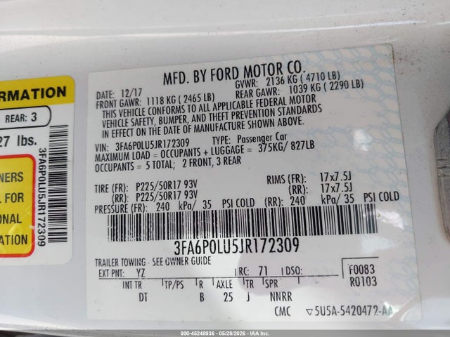 2018 Ford Fusion Hybrid Se მანქანა იყიდება აუქციონზე, vin: 3FA6P0LU5JR172309, აუქციონის ნომერი: 45248936