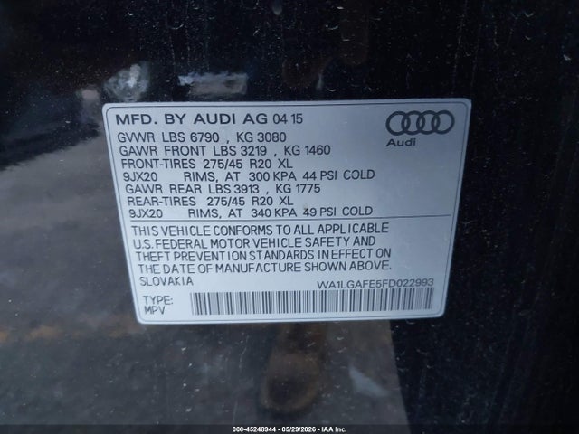 Auction sale of the 2015 Audi Q7 3.0t Premium, vin: WA1LGAFE5FD022993, lot number: 45248944