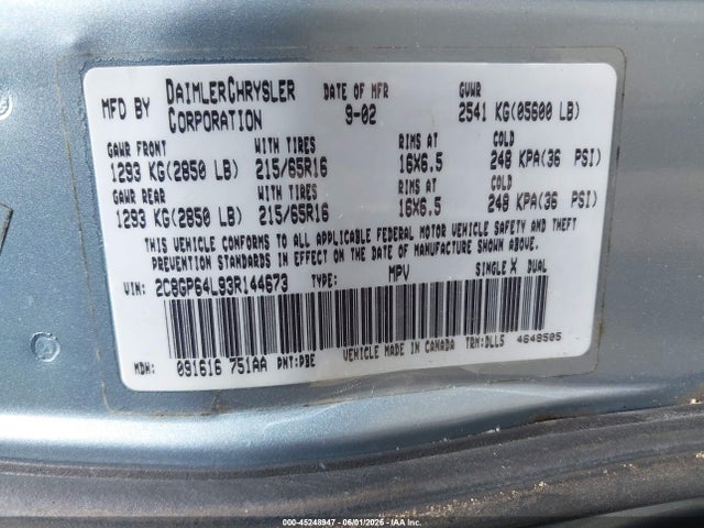 Aukcja sprzedaży 2003 Chrysler Town & Country Limited, vin: 2C8GP64L93R144673, numer aukcji: 45248947