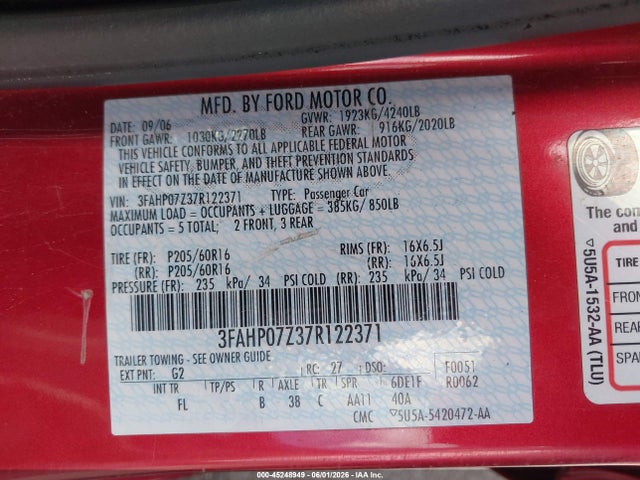 2007 Ford Fusion Se მანქანა იყიდება აუქციონზე, vin: 3FAHP07Z37R122371, აუქციონის ნომერი: 45248949