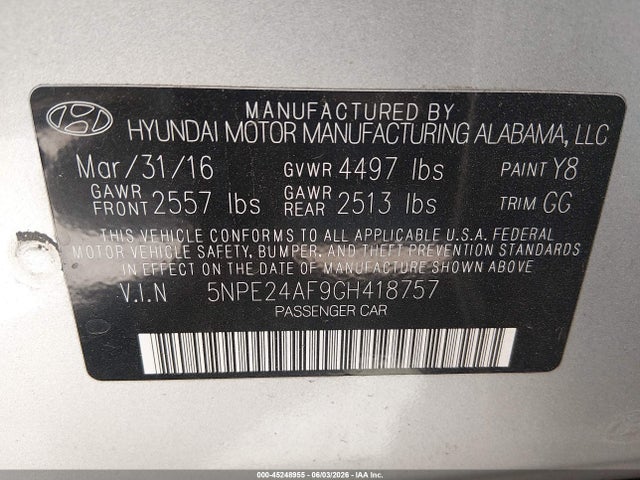 Aukcja sprzedaży 2016 Hyundai Sonata, vin: 5NPE24AF9GH418757, numer aukcji: 45248955