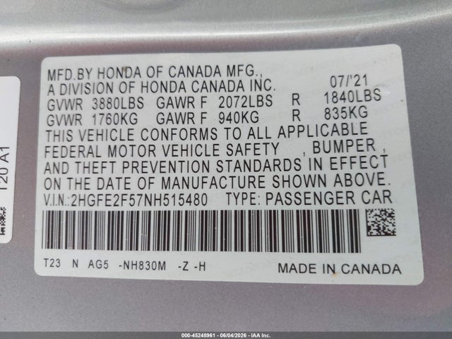 Aukcja sprzedaży 2022 Honda Civic Sport, vin: 2HGFE2F57NH515480, numer aukcji: 45248961