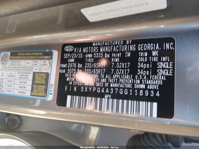 45248964 :رقم المزاد ، 5XYPG4A37GG118934 vin ، 2016 Kia Sorento 2.4l Lx مزاد بيع
