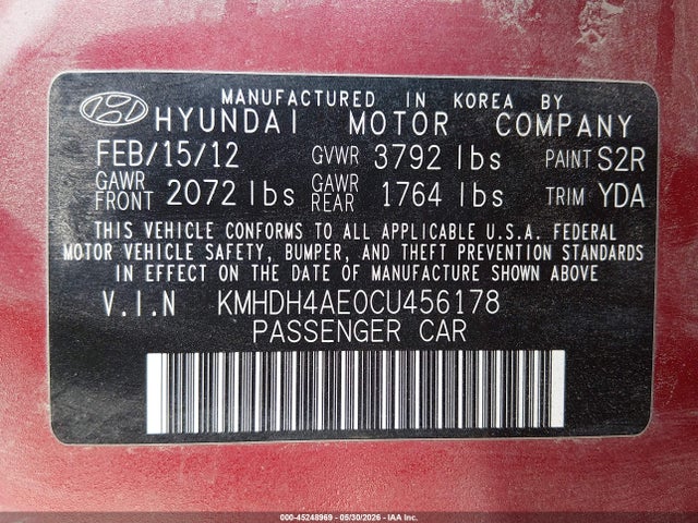 2012 Hyundai Elantra Limited (ulsan Plant) მანქანა იყიდება აუქციონზე, vin: KMHDH4AE0CU456178, აუქციონის ნომერი: 45248969