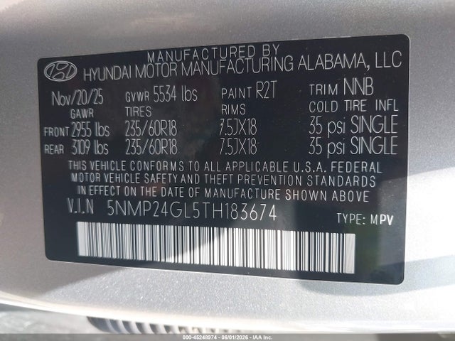 Продаж на аукціоні авто 2026 Hyundai Santa Fe Sel, vin: 5NMP24GL5TH183674, номер лоту: 45248974