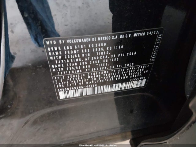 2022 Volkswagen Tiguan 2.0t Se მანქანა იყიდება აუქციონზე, vin: 3VV3B7AX2NM100960, აუქციონის ნომერი: 45248982