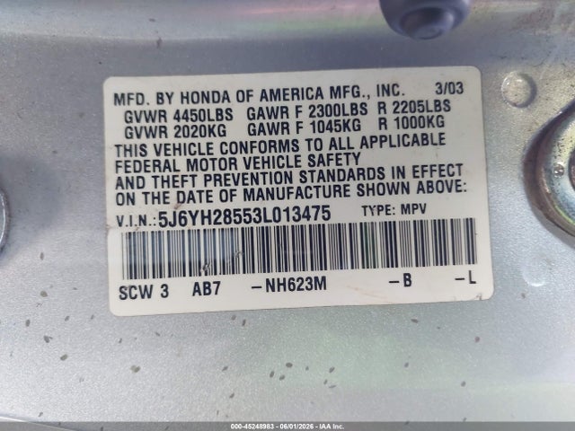 Aukcja sprzedaży 2003 Honda Element Ex, vin: 5J6YH28553L013475, numer aukcji: 45248983