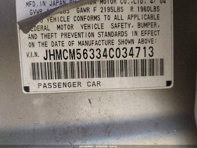 45248987 :رقم المزاد ، JHMCM56334C034713 vin ، 2004 Honda Accord 2.4 Lx مزاد بيع