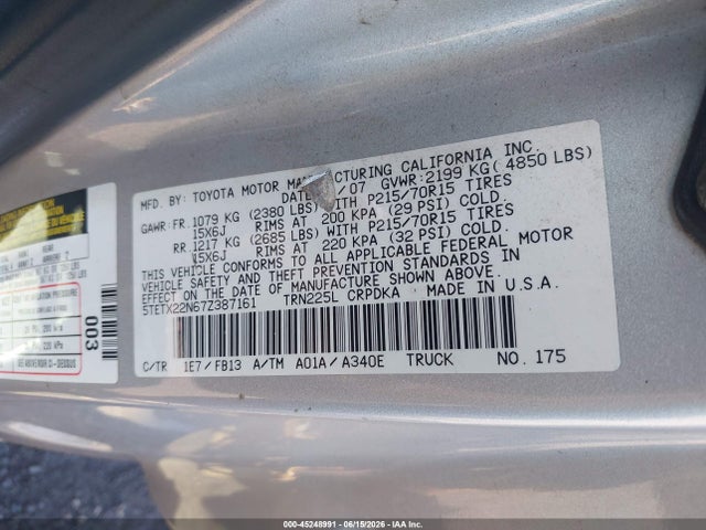 Aukcja sprzedaży 2007 Toyota Tacoma, vin: 5TETX22N67Z387161, numer aukcji: 45248991