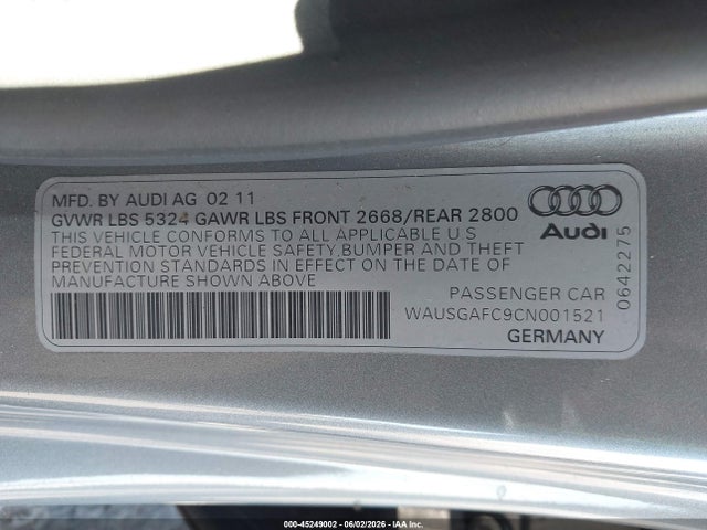 2012 Audi A7 Premium მანქანა იყიდება აუქციონზე, vin: WAUSGAFC9CN001521, აუქციონის ნომერი: 45249002