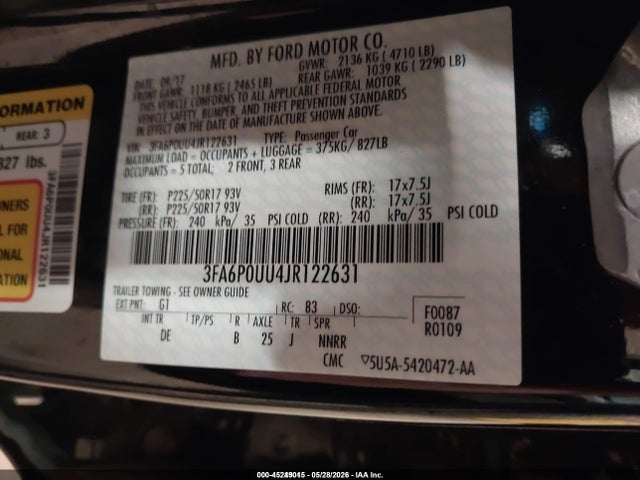 2018 Ford Fusion Hybrid S მანქანა იყიდება აუქციონზე, vin: 3FA6P0UU4JR122631, აუქციონის ნომერი: 45249015