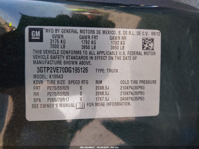Продаж на аукціоні авто 2013 Gmc Sierra 1500 Sle, vin: 3GTP2VE70DG195126, номер лоту: 45249027