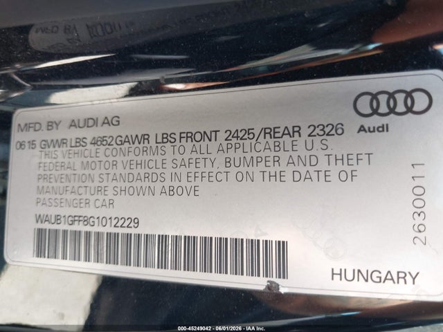 Aukcja sprzedaży 2016 Audi S3 2.0t Premium Plus, vin: WAUB1GFF8G1012229, numer aukcji: 45249042