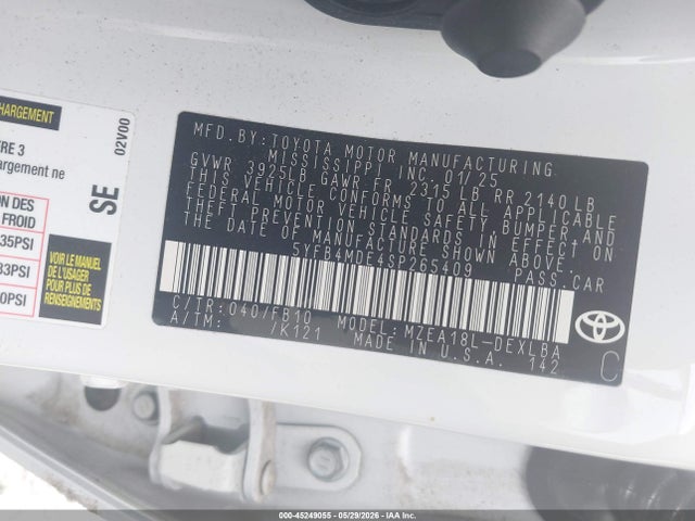 45249055 :رقم المزاد ، 5YFB4MDE4SP265409 vin ، 2025 Toyota Corolla Le مزاد بيع