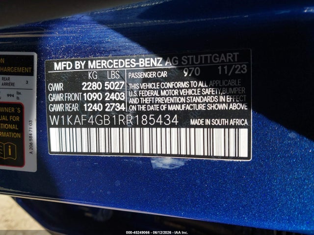 Aukcja sprzedaży 2024 Mercedes-benz C 300, vin: W1KAF4GB1RR185434, numer aukcji: 45249066