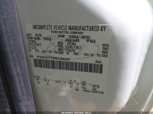 Aukcja sprzedaży 2006 Ford F-350 Chassis Lariat/xl/xlt, vin: 1FDWX37Y06EC94235, numer aukcji: 45249078