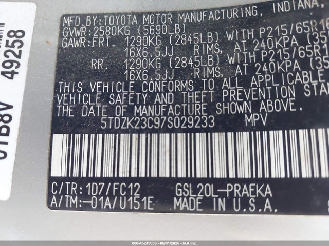 45249080 :رقم المزاد ، 5TDZK23C97S029233 vin ، 2007 Toyota Sienna Le مزاد بيع