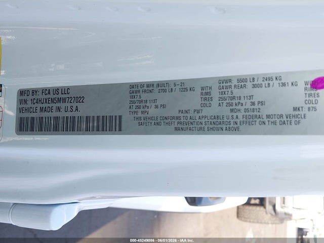 1C4HJXEN5MW727022 Jeep Wrangler Unlimited Sahara Altitude 4x4
