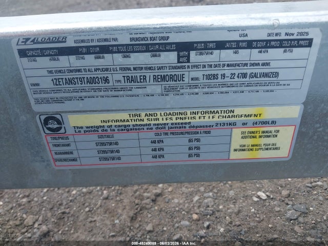 1ZETANST9TA003196 Ez Loader Boat Trailer 25ft