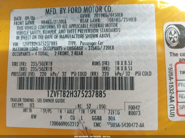 Продаж на аукціоні авто 2007 Ford Mustang Gt Deluxe/gt Premium, vin: 1ZVFT82H375237885, номер лоту: 45249099