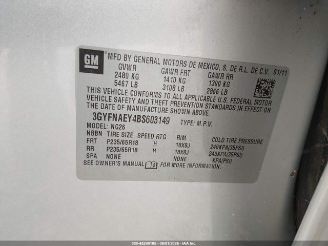 45249105 :رقم المزاد ، 3GYFNAEY4BS603149 vin ، 2011 Cadillac Srx Luxury Collection مزاد بيع