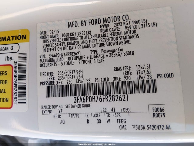 Продажа на аукционе авто 2015 Ford Fusion Se, vin: 3FA6P0H76FR282621, номер лота: 45249113