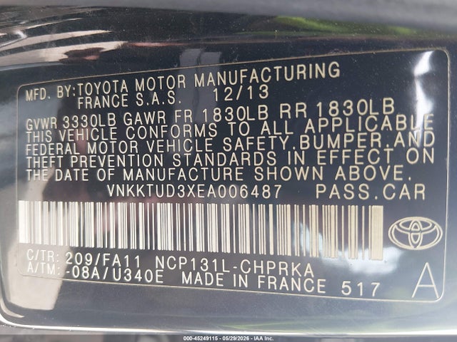Продаж на аукціоні авто 2014 Toyota Yaris Le (tmmf Plant), vin: VNKKTUD3XEA006487, номер лоту: 45249115