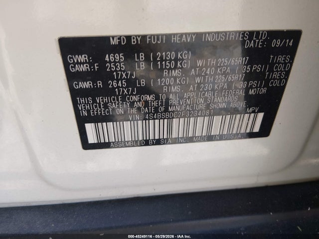 45249116 :رقم المزاد ، 4S4BSBDC2F3234081 vin ، 2015 Subaru Outback 2.5i Premium مزاد بيع