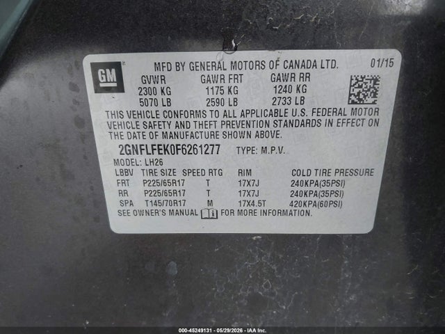 Продаж на аукціоні авто 2015 Chevrolet Equinox Lt, vin: 2GNFLFEK0F6261277, номер лоту: 45249131