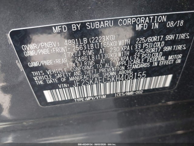 Aukcja sprzedaży 2019 Subaru Forester Premium, vin: JF2SKAEC5KH408155, numer aukcji: 45249134