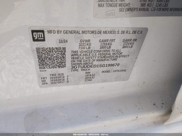 Aukcja sprzedaży 2025 Gmc Sierra 1500 4wd  Short Box Slt, vin: 3GTUUDED1SG199678, numer aukcji: 45249155