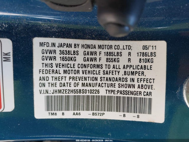 Aukcja sprzedaży 2011 Honda Insight Lx, vin: JHMZE2H55BS010226, numer aukcji: 45249158