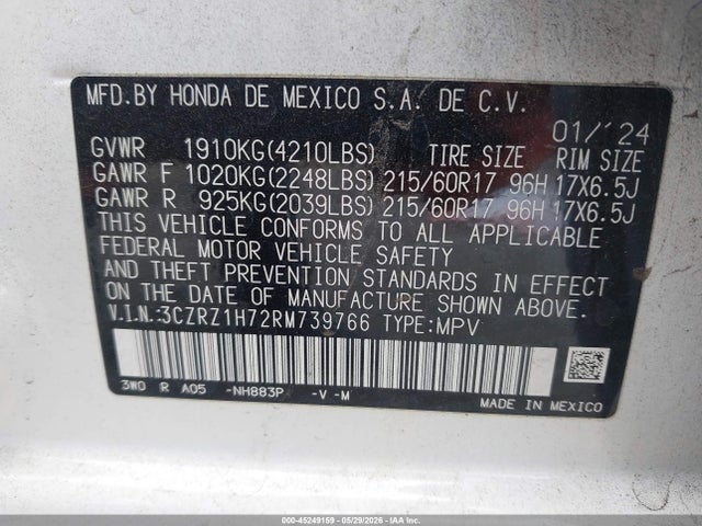 3CZRZ1H72RM739766 Honda Hr-v 2wd Ex-l/2wd Ex-l W/o Bsi