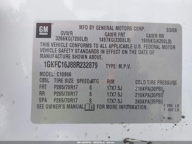 45249161 :رقم المزاد ، 1GKFC16J88R232879 vin ، 2008 Gmc Yukon Xl 1500 Slt مزاد بيع