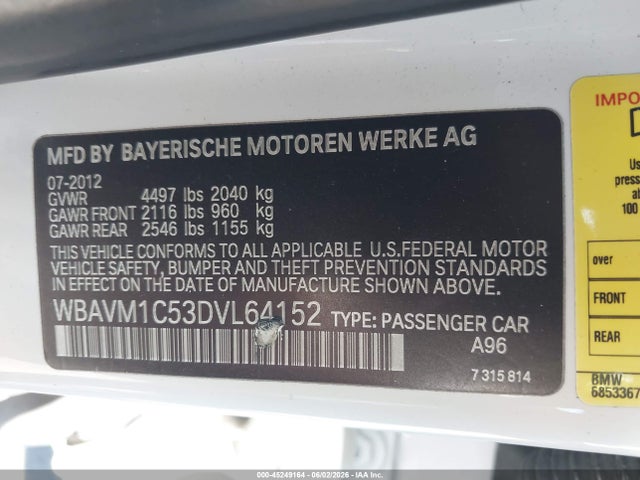 45249164 :رقم المزاد ، WBAVM1C53DVL64152 vin ، 2013 Bmw X1 Sdrive28i مزاد بيع