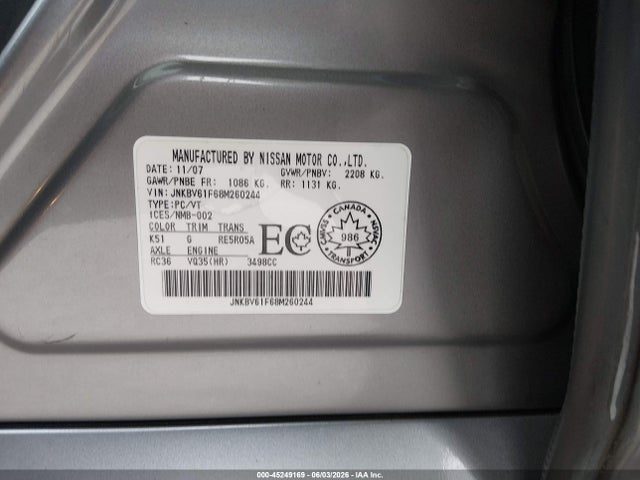 Aukcja sprzedaży 2008 Infiniti G35x, vin: JNKBV61F68M260244, numer aukcji: 45249169
